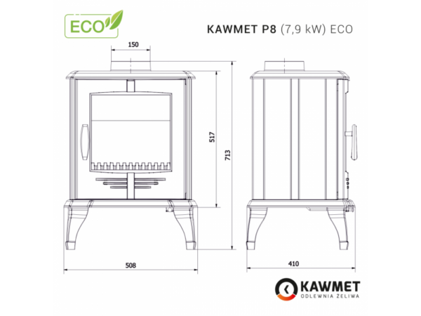 Piec wolnostojący, żeliwny na drewno KAWMET P8 7,9 kW ECO