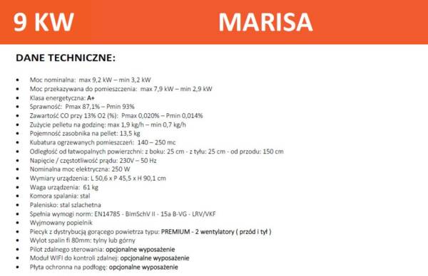Piec na pellet Marisa 9 kW z DGP - Dane techniczne