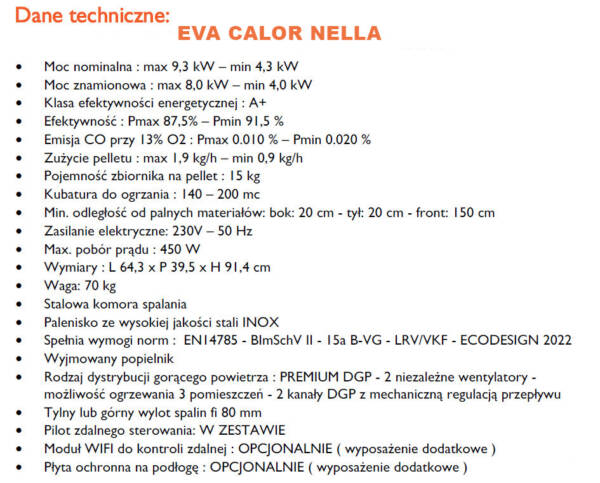 Piec na pellet Eva Calor Nella 9 kW typu slim z DGP - Dane techniczne