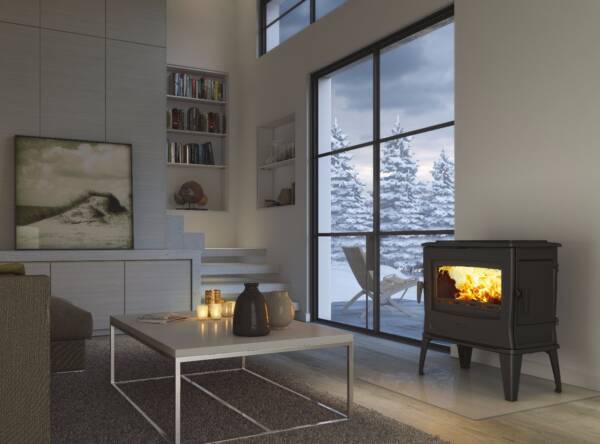 Piec piecyk kominek wolnostojący żeliwny na drewno Dovre Tai 55 D o mocy 11 kW - wizualizacja