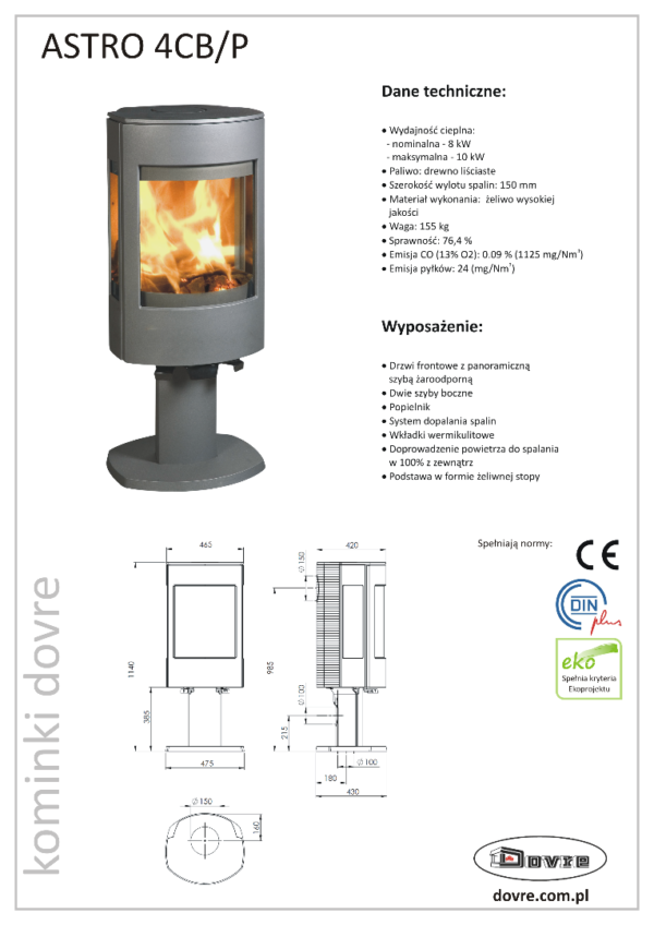 Piecyk piec wolnostojący żeliwny na drewno Dovre Astro 4 CB P - karta produktu