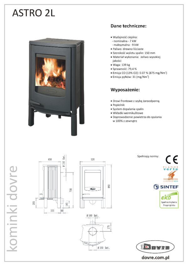Piecyk wolnostojący żeliwny na drewno Dovre Astro 2L 7 kW - karta produktu