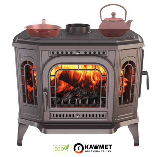 Żeliwna koza wolnostojąca na drewno z fajerkami i bocznym załadunkiem KAWMET P7 (10,5 kW) CookTop PB ECO13 - 1